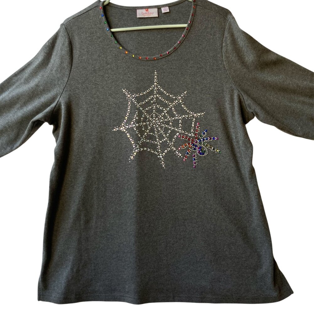 Quacker Factory Womens Shirt Spider Web Size Large Gray Grey Jersey Rhinestones
